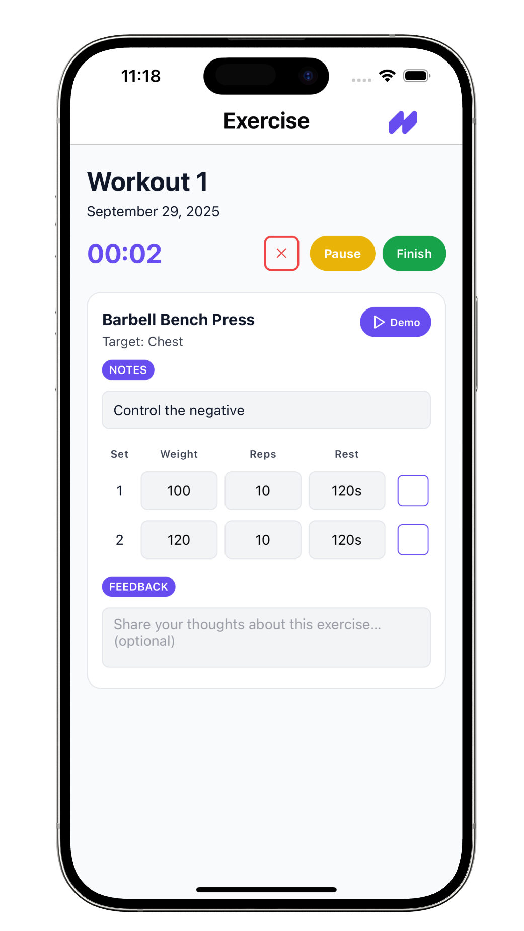 Client app preview - bench workout