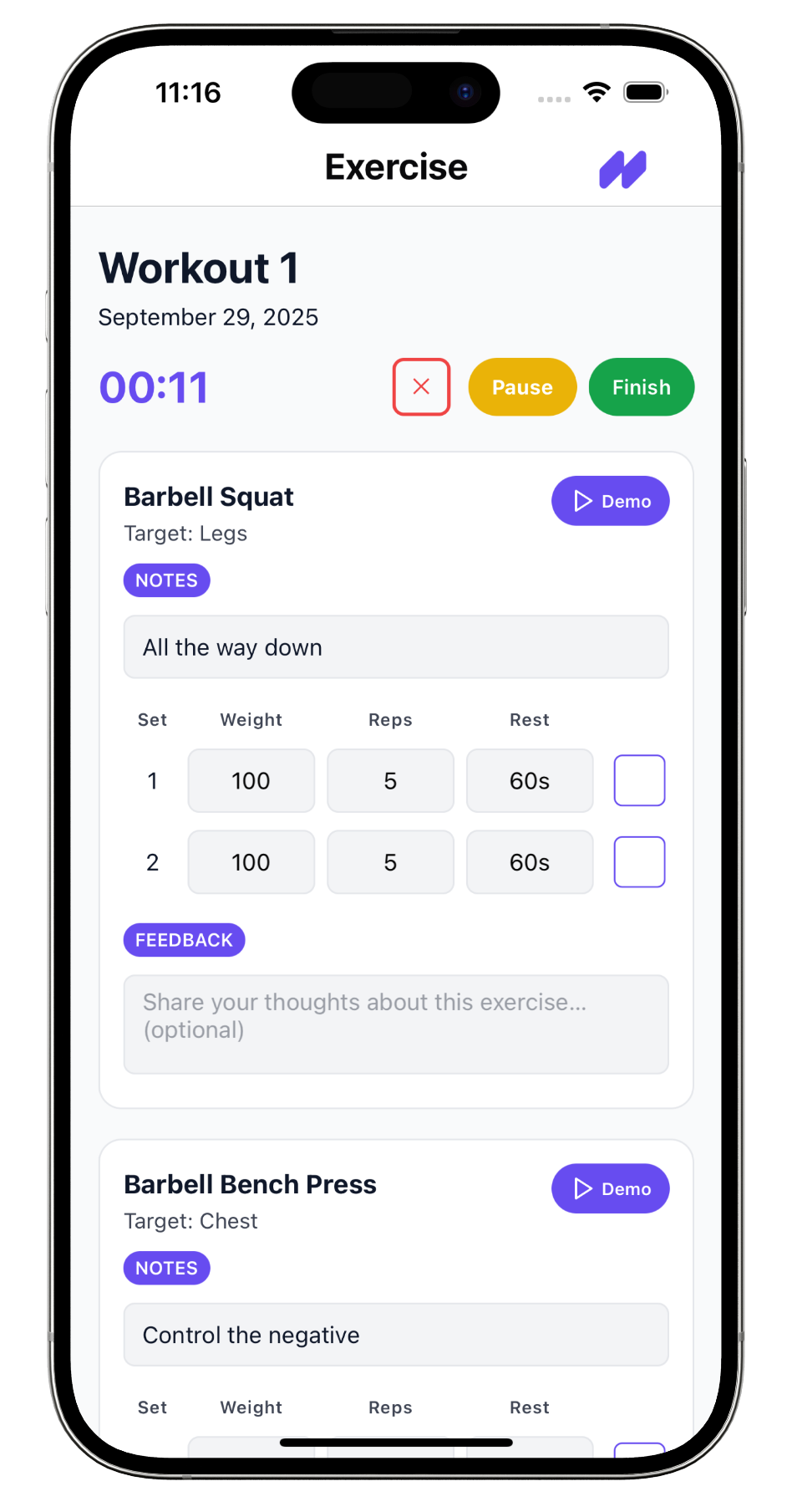 Client app preview - squat workout