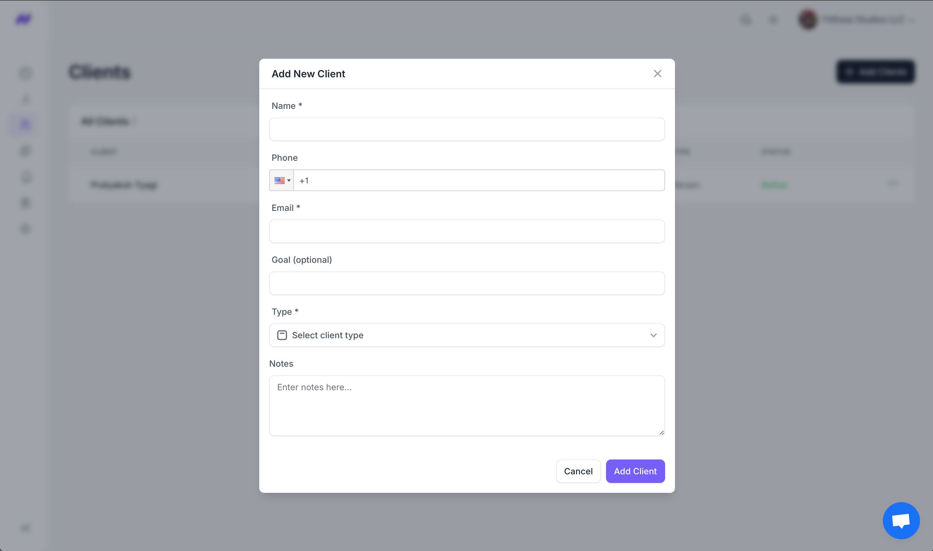 Add New Client modal