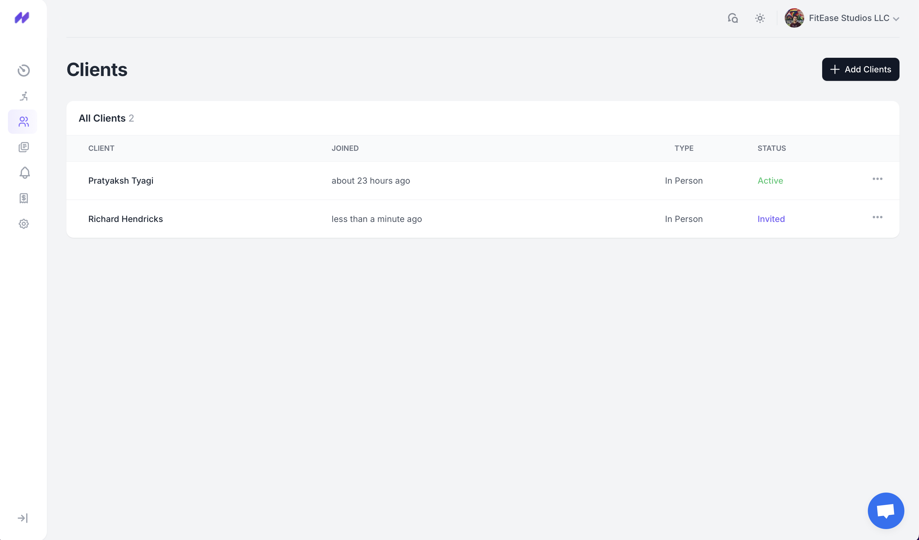 Client shows Invited (Pending) status