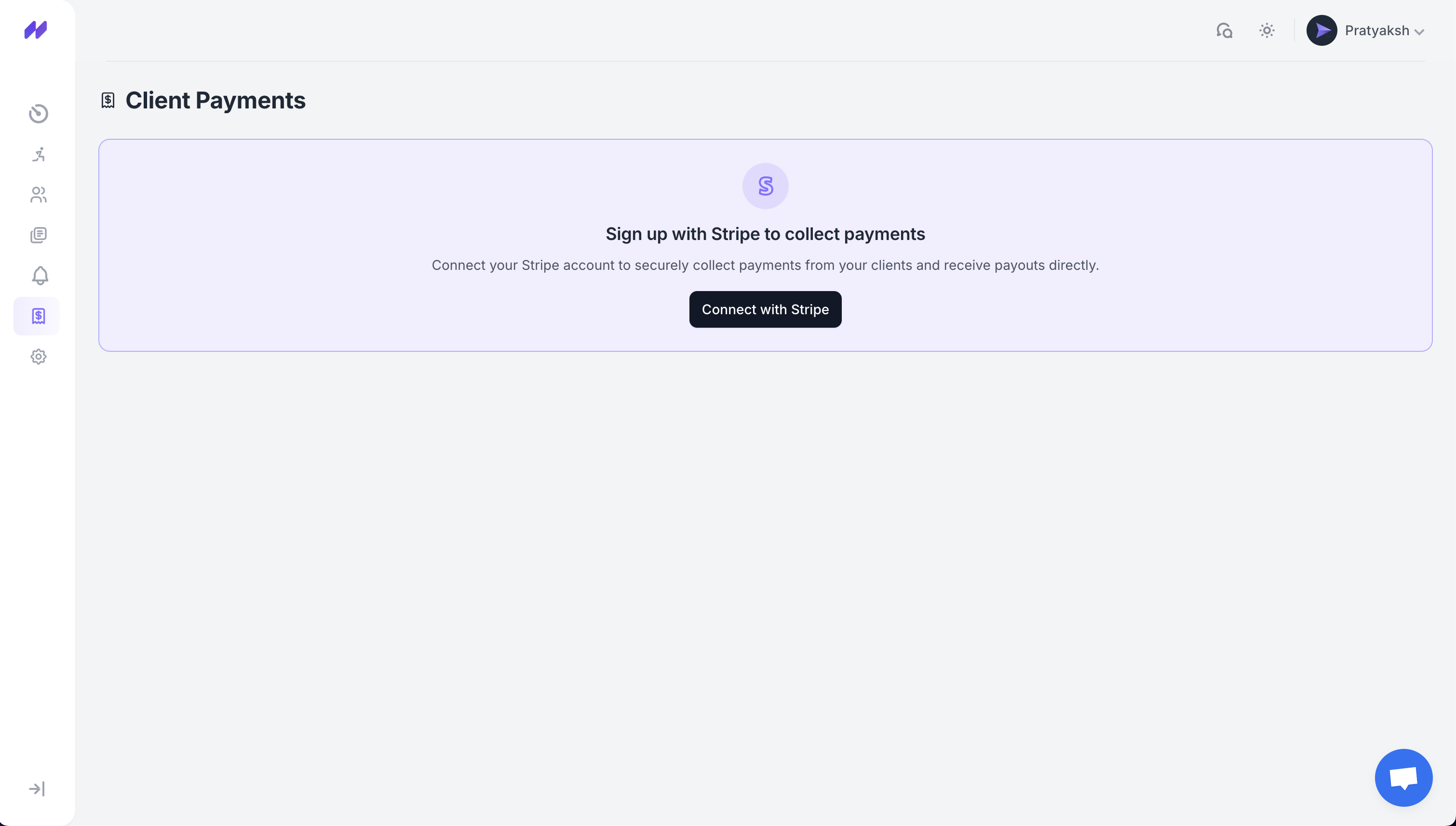 Stripe connect screen inside FitEase