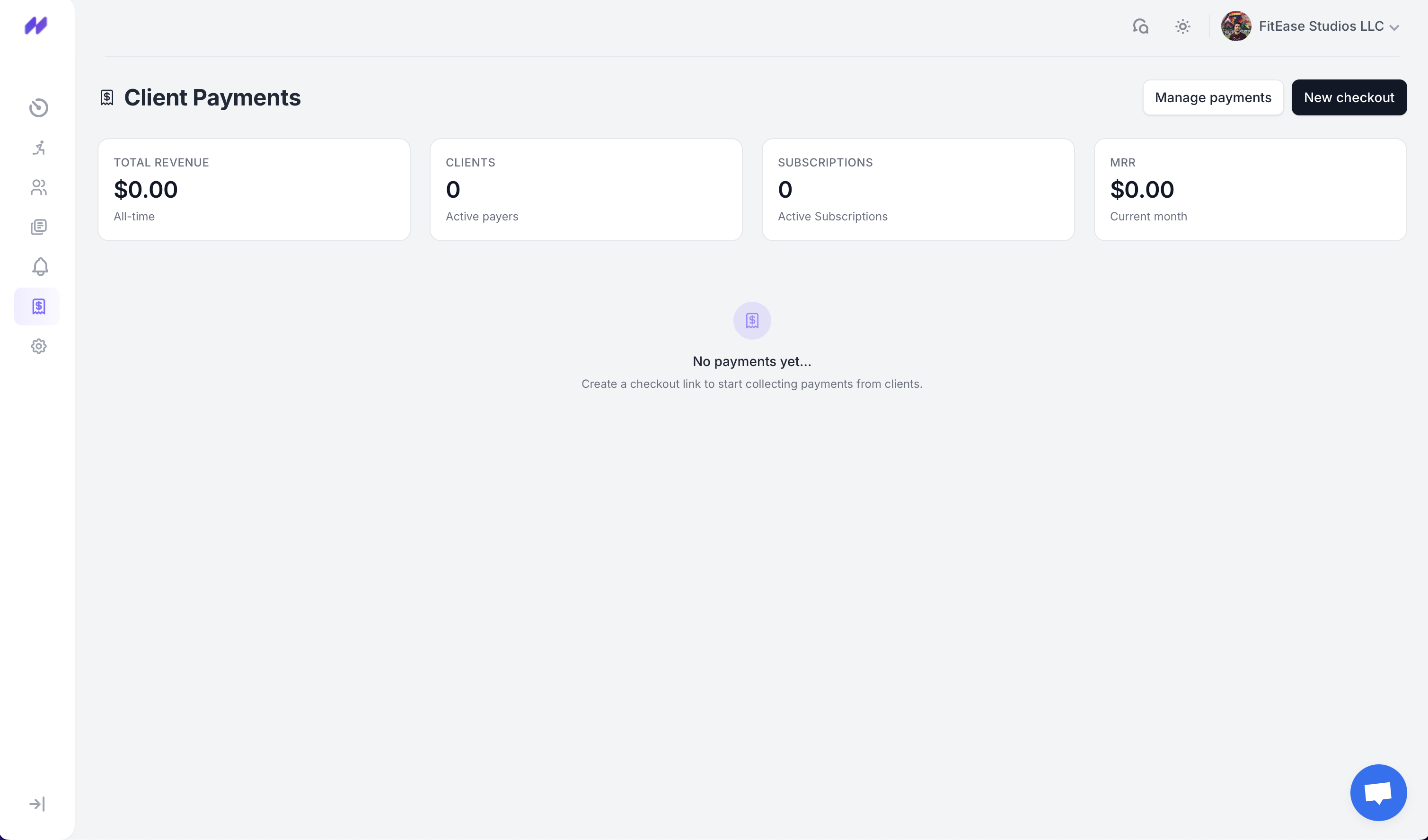 FitEase payments dashboard showing revenue, clients, and subscriptions