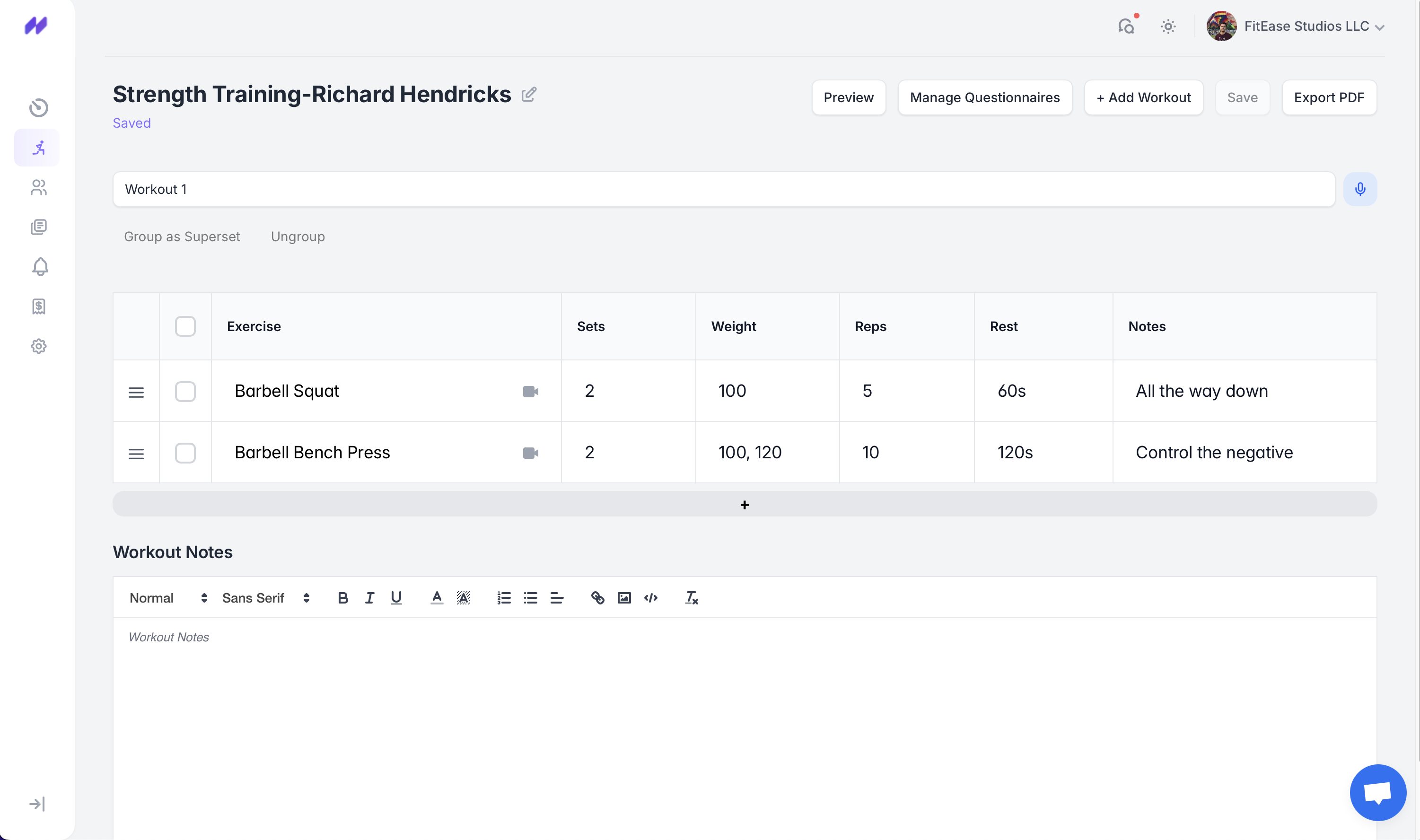 FitEase spreadsheet-style program builder