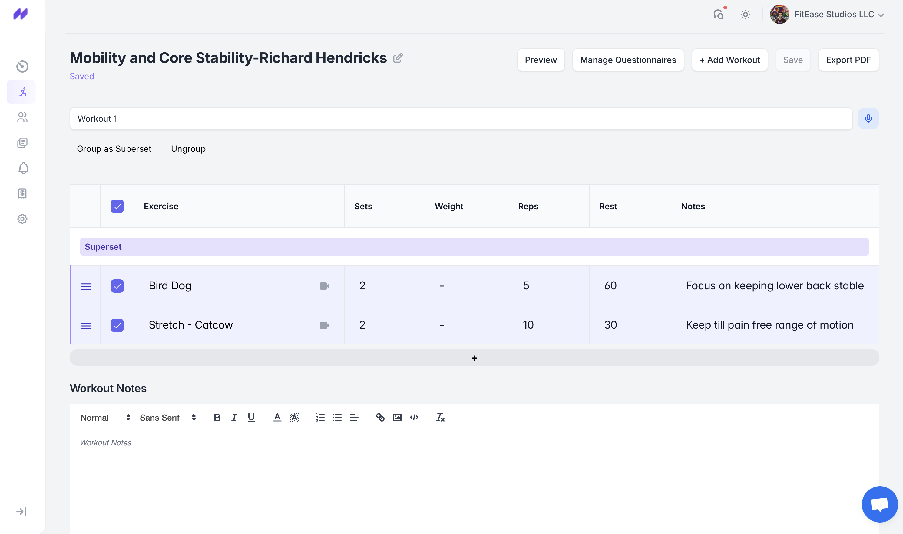 Superset builder view in FitEase