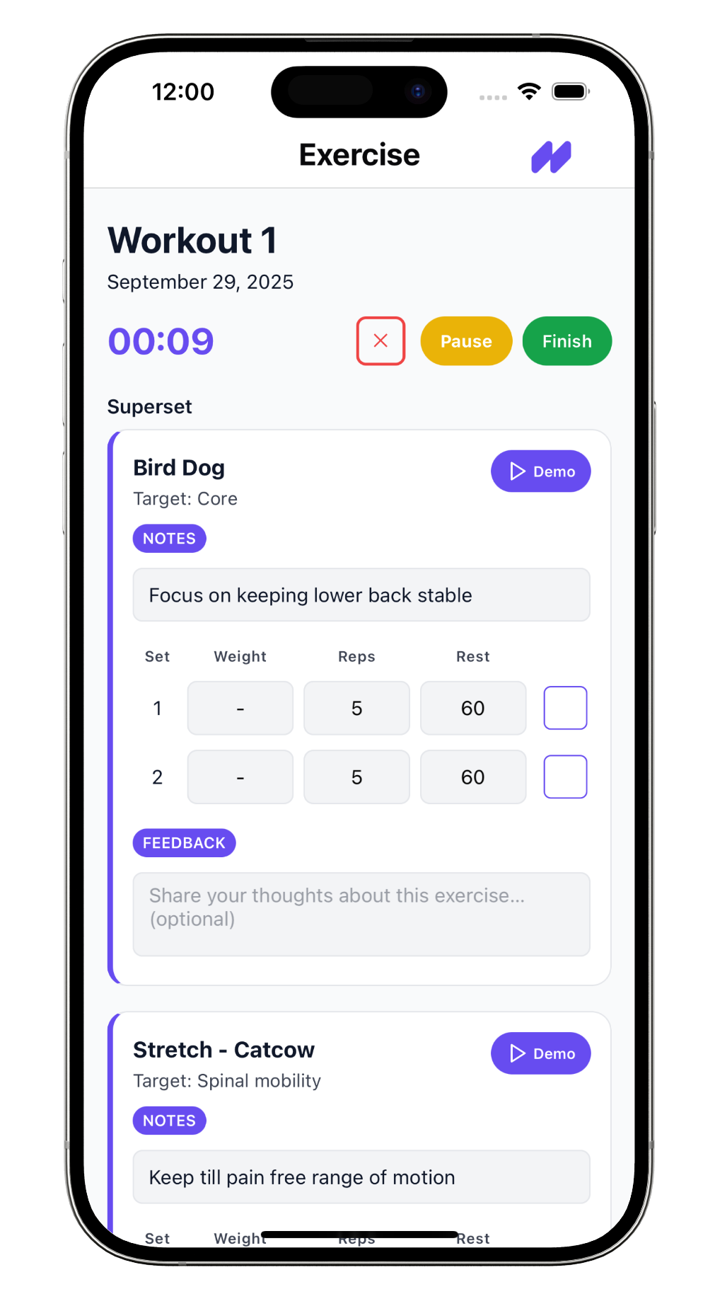 Client app view of a superset workout